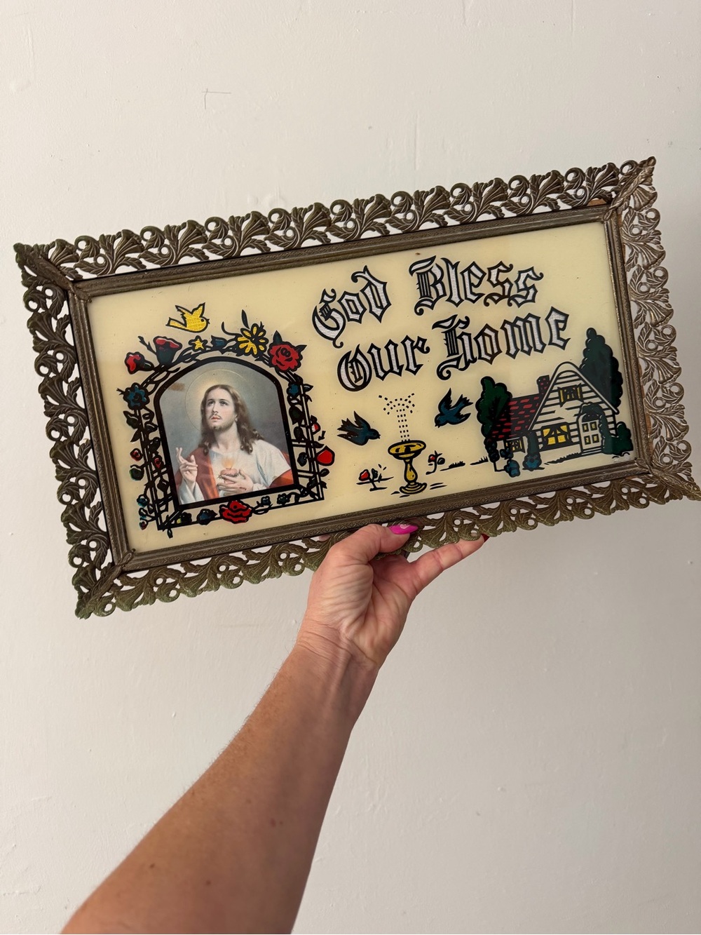 Vintage Mirror God Bless Our Home Foil Mirror Frame Religious Mid Century Kitsch